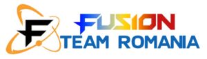 Logo of Fusion Team Romania featuring a stylized orange and black "F" symbol with atomic orbits on the left, and the word "FUSION" in bold, multi-colored letters followed by "TEAM ROMANIA" in black on the right.