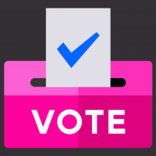 Alt text: A graphic of a ballot slip with a blue checkmark being inserted into a pink ballot box with the word "VOTE" on it.