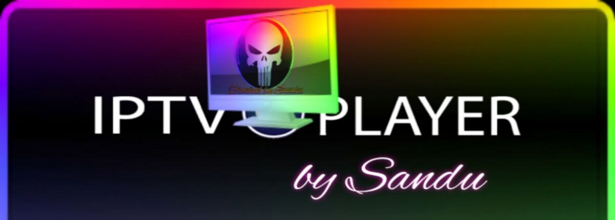 Promotional graphic for "IPTV PLAYER by Sandu," featuring a skull logo within a colorful TV frame on a gradient black background with vibrant neon accents.