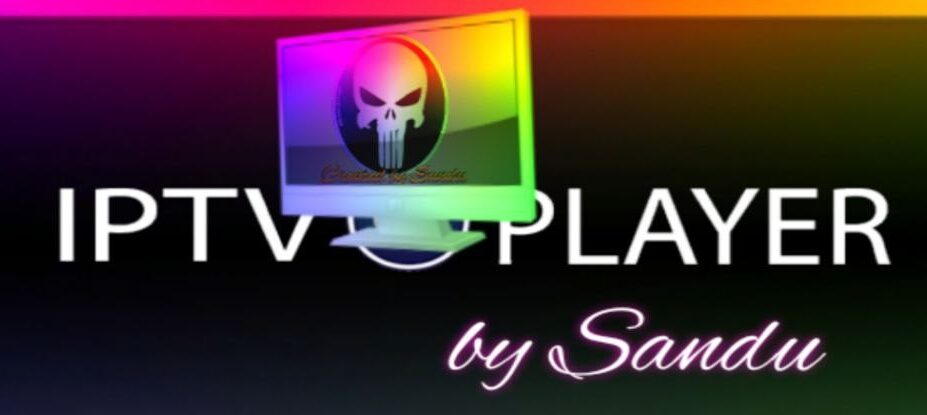 An image featuring a colorful background with text that reads "IPTV PLAYER by Sandu." The graphic includes a computer monitor with a skull symbol on the screen, hinting at a digital or tech theme.